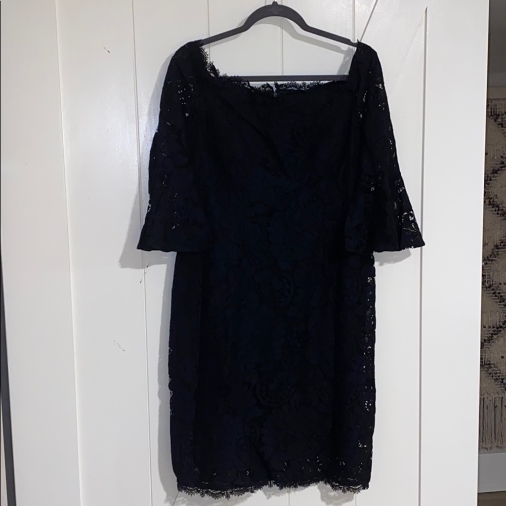 Black Lace Off-Shoulder Bell Sleeve Sheath Dress